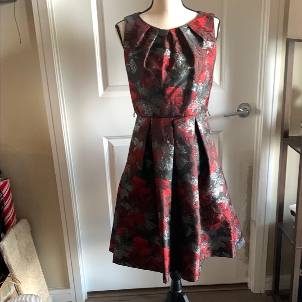 Elegant Red and Gray/Silver Floral Dress